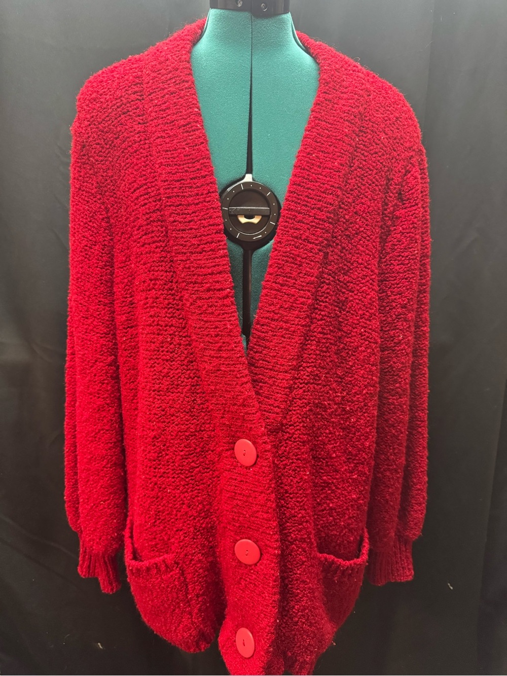 Bouclé Red Open-Front Cardigan with Pockets